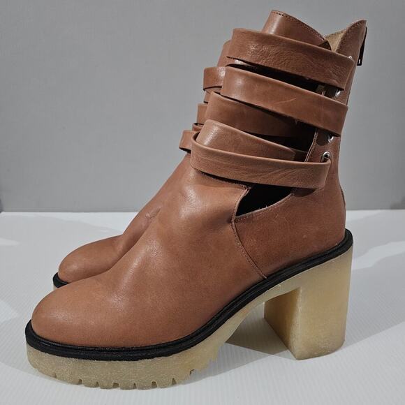 Free People Jesse Ankle Boot Womens EU 41 Tan Leather Cutout Chunky Platform - Picture 1 of 16